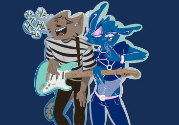 5_fingers anthro biped blue_body blue_fur brown_body brown_fur clothed clothing duo electric_guitar eyes_closed fingers fur guitar half-closed_eyes laugh male musical_instrument narrowed_eyes onomatopoeia open_mouth outline plucked_string_instrument sharp_teeth sound_effects standing string_instrument tear_drops teeth text tongue tongue_out blooblalah sabry fender_musical_instruments_corporation stratocaster domestic_cat felid feline felis lagomorph leporid mammal rabbit alpha_channel hi_res