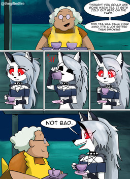 anthro clothed clothing collar container cup dialogue duo eyewear female glasses open_mouth red_sclera smile speech_bubble spiked_collar spikes tea_cup text thegiftedfire cartoon_network courage_the_cowardly_dog hellaverse helluva_boss mythology loona_(helluva_boss) muriel_bagge canid canid_demon canine demon hellhound human mammal mythological_canine mythological_creature absurd_res comic crossover english_text hi_res