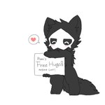 ambiguous_gender anthro black_body black_fur black_sclera blush daww eyes_closed free_hugs fur happy heart_symbol holding_object holding_sign mask sign simple_background solo speech_bubble text white_background white_eyes chano changed_(video_game) puro_(changed) canid canine canis mammal wolf 1:1 english_text meme