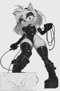 accessory alternate_costume alternate_form anthro anthrofied armwear biped black_boots black_clothing black_footwear black_gloves black_handwear black_nose bodysuit boots closed_smile clothed clothed_anthro clothed_female clothing elbow_gloves eyelashes eyeshadow female female_anthro footwear fully_clothed fully_clothed_anthro fully_clothed_female glistening glistening_clothing glistening_gloves glistening_handwear glistening_legwear glistening_leotard gloves hair_accessory hairband handwear headband holding_object holding_whip latex latex_clothing latex_gloves latex_handwear latex_legwear legwear leotard long_eyelashes looking_at_viewer looking_down looking_down_at_viewer low-angle_view makeup mouth_closed one_piece_suit platform_boots platform_footwear redesign shoes simple_background skinsuit small_nose smile solo tight_clothing whip white_background creamm_cake sega sonic_the_hedgehog_(series) amy_rose shadow_the_hedgehog eulipotyphlan hedgehog mammal 2025 absurd_res hi_res monochrome