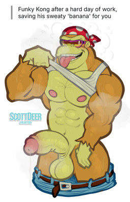 abs anthro balls biceps big_penis bodily_fluids bottomwear bottomwear_down clothed clothing clothing_lift cum eyewear genital_fluids genitals glasses male muscular muscular_male nipples pants pants_down partially_clothed pecs penis shirt shirt_lift simple_background solo standing steam sweat text tongue tongue_out topwear trapezius wearing_glasses white_background scottdeer donkey_kong_(series) nintendo funky_kong ape gorilla haplorhine mammal primate english_description english_text hi_res