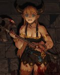 axe battle_axe blood blue_eyes bodily_fluids brick_wall clothed clothing collar female holding_object holding_weapon horn melee_weapon navel scared shadow solo sweat sweatdrop wall_(structure) weapon morry european_mythology greek_mythology mythology bovid bovine humanoid mammal minotaur hi_res signature