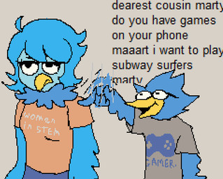 ambiguous_gender annoyed anthro beak blue_body blue_feathers blue_hair closed_frown clothed clothed_anthro clothed_female clothing dialogue duo eyewear feathers female frown glasses grey_background hair looking_at_another mouth_closed open_mouth simple_background tapping_shoulder text_on_t-shirt wearing_glasses anonymous_artist deltarune undertale_(series) undertale_yellow berdly martlet_(undertale_yellow) avian bird aliasing binary_drawing digital_drawing_(artwork) digital_media_(artwork) low_res male_(lore)