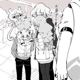 accessory anthro backpack bow_(feature) bow_accessory bow_ribbon clothing female group hair hair_accessory hair_bow hair_ribbon hoodie male ponytail ribbons text topwear haraboudgg bandai_namco digimon digimon_ghost_game hiro_amanokawa kiyoshiro_higashimitarai ruri_tsukiyono angoramon digimon_(species) gammamon human jellymon mammal 1:1 japanese_text