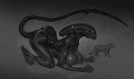all_fours ambiguous_gender anthro bent_over big_breasts big_butt bodily_fluids breast_squish breasts butt duo exoskeleton female feral long_tail saliva small_waist squish tail wide_hips justsomenoob alien_(franchise) alien felid feline mammal xenomorph hi_res monochrome