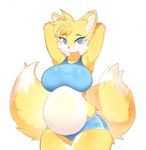 2_tails anthro belly big_belly big_breasts bittersyrup blonde_hair blue_eyes blush bottomwear breasts canid canine clothing crossgender female fox fur hair hi_res looking_at_viewer mammal miles_prower multi_tail navel pregnant pregnant_anthro pregnant_female sega shorts simple_background solo sonic_the_hedgehog_(series) tail topwear white_background white_body white_fur yellow_body yellow_fur