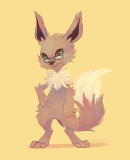 3_fingers 3_toes ambiguous_gender anthro black_nose brown_body brown_fur eyewear feet fingers fur glasses green_eyes inner_ear_fluff looking_at_viewer pale_fur simple_background solo toes tuft wearing_glasses yellow_background yassui nintendo pokemon straviios eevee generation_1_pokemon pokemon_(species) 2014 hi_res