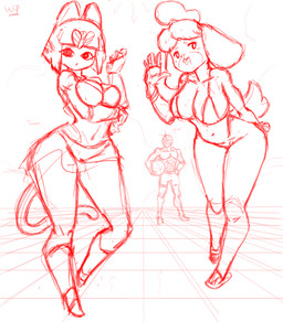 anthro female group male male/female trio kaizooki animal_crossing doom_(series) id_software microsoft nintendo ankha_(animal_crossing) doom_slayer isabelle_(animal_crossing) canid canine domestic_cat felid feline felis human mammal hi_res monochrome