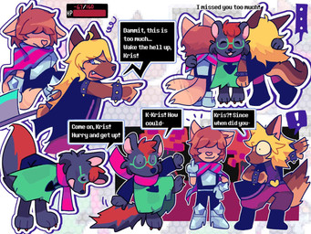 anthro cosplay dialogue female gameplay_mechanics group gui health_bar hug male sleeping surprised text trio chuyakara toby_fox deltarune undertale_(series) alexia_reddings kris_dreemurr ralsei riley_williams samuel_reddings susie_(deltarune) canid canine canis domestic_cat domestic_dog felid feline felis german_shepherd herding_dog mammal mephitid pastoral_dog skunk tabby_cat 4:3 english_text hi_res