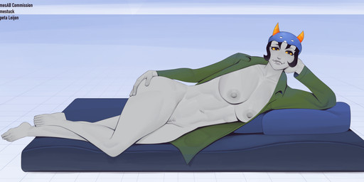 abs areola athletic athletic_female athletic_humanoid bedroom_eyes black_hair breasts clothing coat curved_horn fangs female genitals grey_areola grey_body grey_nipples grey_skin hair half-closed_eyes horn humanoid_genitalia humanoid_vulva muscle_tone narrowed_eyes nipples seductive smile smirk smug smug_face solo teeth topwear trenchcoat vulva winter_hat yellow_sclera jamesab homestuck ms_paint_adventures nepeta_leijon alien humanoid troll_(homestuck) absurd_res hi_res