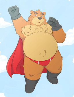 anthro brown_body brown_fur brown_nose bulge cape clothing fur gloves handwear humanoid_hands kemono male moobs nipples outside overweight overweight_anthro overweight_male solo underwear andikapatok bear mammal 2015 hi_res
