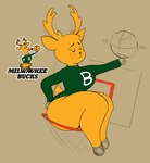 anthro anthrofied antlers ball basket basketball basketball_(ball) bottomless brown_body clothed clothing container eyelashes female freckles fur hooves horn huge_thighs logo logo_parody mascot simple_background smile solo spinning_ball sweater sweater_only tail text thick_thighs topwear topwear_only wide_hips 25circle milwaukee_bucks nba cervine deer mammal 2023 digital_media_(artwork) english_text hi_res sketch