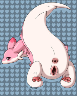 anus blush blush_lines bodily_fluids ear_markings female feral gaping genital_fluids genitals heart_eyes heart_symbol lying markings pawpads paws pink_body presenting raised_tail shy simple_background solo tail vaginal_fluids vulva mosnir mythology palworld pocketpair chillet chillet_ignis dragon mythological_creature mythological_scalie pal_(species) scalie 4:5