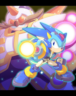 anthro arm_cannon armor blue_armor blue_eyes boots clothing duo footwear male shoes weapon ultimatemaverickx capcom mega_man_(series) mega_man_zx sega sonic_the_hedgehog_(series) dr._eggman model_x sonic_the_hedgehog eulipotyphlan hedgehog human mammal 2020 absurd_res crossover hi_res