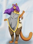 anthro barefoot blue_eyes bottomwear clothing feet female flowing_hair fur hair jewelry long_hair necklace orange_body orange_fur pants purple_hair shawl smile solo thick_thighs firepawdacat_(artist) firepawdacat domestic_cat felid feline felis mammal 3:4 hi_res