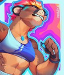 5_fingers anthro athletic black_nose bra breasts brown_body brown_fur clothed clothing female fingers fur hair small_breasts smile solo sports_bra teeth underwear kyander mammal mustelid otter 2022 colorful_theme digital_media_(artwork)