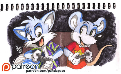 anthro black_nose blue_body blue_fur cheek_tuft clothed clothing controller duo facial_tuft front_view fur gaming head_tuft holding_controller holding_object logo male male_anthro open_mouth open_smile playing_video_game smile text tuft white_body white_fur young young_anthro young_male pandapaco canid canine fox mammal mouse murid murine rodent artist_logo signature url