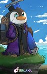 backpack beak clothed clothing cloud day detailed_background eyewear feathers footwear grass male melee_weapon monocle orange_beak outside plant shoes sky solo standing sword weapon k_o_tsitraeht furcana avian bird mammal penguin absurd_res digital_media_(artwork) hi_res