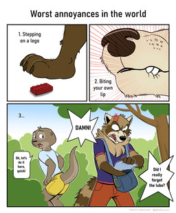 angry anthro bag bite biting_lip biting_own_lip bottomwear brown_body clothed clothing cross-popping_vein dialogue duo feet fingers fur holding_bag humor lego_brick male male/male outside pants plant self_bite shirt shorts sky speech_bubble standing tail teeth text toes topwear tree nikraccoom lego felix_(nik159) nik_(nik159) mammal mustelid otter procyonid raccoon comic digital_media_(artwork) english_text hi_res