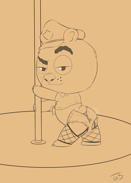 3_fingers anthro anus bottomwear bulge claws clothing dancing eyebrows finger_claws fingers fishnet_clothing fur garter_straps hotpants male male_anthro pole pole_dancing police police_hat raised_eyebrow scut_tail shirt short_tail shorts shortstack shortstack_male solo stage stripper stripper_pole tail tied_shirt toe_claws topwear whisker_spots young young_anthro young_male theoryofstrings brickleberry comedy_central malloy_(brickleberry) bear mammal 2020 absurd_res digital_media_(artwork) hi_res line_art