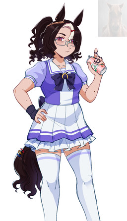 accessory beverage_can black_hair bottomwear breasts clothed clothing eyewear female furgonomics glasses hair hair_accessory hairclip legwear markings mole_(marking) school_uniform simple_background skirt solo tail tail_accessory thigh_highs tracen_academy_uniform uniform white_background omegahaunter cygames uma_musume_pretty_derby animal_humanoid equid equid_humanoid equine equine_humanoid horse_humanoid humanoid mammal mammal_humanoid hi_res
