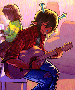 ambiguous_gender anthro antlers band_shirt blue_nose bottomwear bracelet buckteeth checkered checkered_clothing checkered_jacket checkered_topwear clothing denim denim_bottomwear denim_clothing detailed_background duo eyes_closed female furniture_lamp guitar horn jeans jewelry keyboard_instrument musical_instrument pants pattern_clothing pattern_shirt pattern_topwear piano playing_guitar playing_music playing_piano plucked_string_instrument shirt sitting sitting_on_another spiked_bracelet spikes string_instrument striped_clothing striped_shirt striped_topwear stripes teeth topwear torn_bottomwear torn_clothing torn_jeans torn_pants name_is_less deltarune undertale_(series) dess_holiday kris_dreemurr deer human mammal 2026 digital_media_(artwork) digital_painting_(artwork) hi_res painting_(artwork)