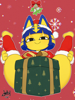 anthro big_breasts black_eyes blue_hair bottomless box breasts christmas_clothing christmas_headwear clothed clothing container convenient_censorship eyelashes female fur gift_box hair hat headgear headwear holidays legwear looking_at_viewer lying mistletoe on_back plant red_background red_clothing red_hat red_headwear red_legwear red_topwear santa_hat short_hair simple_background smile solo spread_legs spreading thick_thighs topwear uraeus wide_hips yellow_body yellow_fur charlysf_uwu animal_crossing christmas nintendo ankha_(animal_crossing) domestic_cat felid feline felis mammal 3:4 hi_res