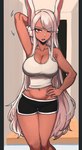 big_breasts bottomwear breasts cleavage clothed clothing female hair hand_behind_head hand_on_hip long_hair midriff navel one_eye_closed red_eyes shirt shorts solo tan_body tan_skin tank_top topwear white_hair powtaytow3333 my_hero_academia rumi_usagiyama animal_humanoid humanoid lagomorph lagomorph_humanoid leporid_humanoid mammal mammal_humanoid rabbit_humanoid 2022 absurd_res hi_res