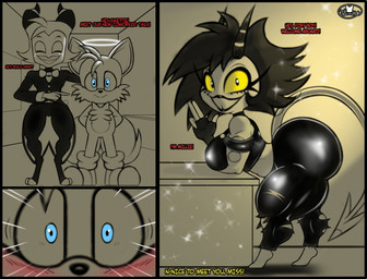 2_horns 4_fingers anthro bent_over big_butt big_pupils blue_eyes blush breasts butt dialogue dilated_pupils eyelashes eyes_closed female fingers freckles group halo hands_behind_back hooves horn huge_butt long_eyelashes male medium_breasts mole_under_eye muscular muscular_female muscular_thighs pupils sharp_teeth shocked smile smitten spade_tail sparkles tail teeth text thick_thighs tooth_gap trio wide_eyed foxium hellaverse helluva_boss sega sonic_the_hedgehog_(series) miles_prower millie_(helluva_boss) moxxie_(helluva_boss) canid canine demon demon_humanoid fox humanoid imp mammal red_fox true_fox comic crossover english_text hi_res