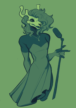 anthro biped black_body bone breasts claws clothing dress electronics female green_clothing green_hair hair holding_microphone holding_object horn jewelry microphone necklace nervous skull skull_head solo topwear white_body white_horn conditional_dnp welwraith scraper_city wicker_(welwraith) deer mammal 2026 digital_drawing_(artwork) digital_media_(artwork) green_monochrome green_theme hi_res monochrome