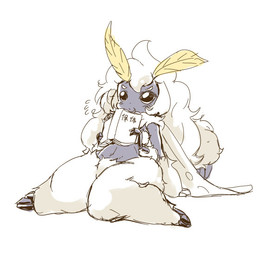 antennae_(anatomy) anthro black_eyes book female fluffy fur insect_wings kemono simple_background solo text white_background white_body white_fur wings ukan_muri arthropod insect lepidopteran moth japanese_text
