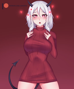 breasts clothed clothing female hair heart_eyes heart_symbol horn not_furry red_background red_eyes simple_background solo spade_tail sweater tail topwear white_hair lonerfox helltaker modeus_(helltaker) demon humanoid 2020 hi_res