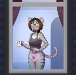 anthro blush clothed clothing coffee_mug diaper eyewear female glasses looking_at_viewer pull-ups_(diaper) shirt solo surprised_expression tank_top topwear wearing_diaper window arzdin goodnites hello_kitty_(series) sanrio domestic_cat felid feline felis mammal