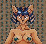 anthro bangs big_breasts blue_eyes blue_hair breasts covering covering_breasts decorative_scarab egyptian eyelashes eyeshadow female fur hair huge_breasts inner_ear_fluff jewelry lipstick looking_at_viewer makeup solo tuft uraeus yellow_body yellow_fur yellow_inner_ear yellow_inner_ear_fluff selem997 animal_crossing nintendo ankha_(animal_crossing) domestic_cat felid feline felis mammal digital_media_(artwork)