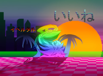 ambiguous_gender city eyewear fur horn palm_tree plant rainbow sea solo sunglasses sunset text tree water testowepiwko nintendo pokemon generation_6_pokemon legendary_pokemon pokemon_(species) yveltal japanese_text