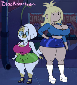 anthro big_breasts big_butt black_clothing black_footwear black_high_heels blonde_hair blue_bottomwear blue_clothing blue_crop_top blue_sclera blue_shirt blue_skirt blue_topwear boots bottomwear breasts butt clothed clothing crop_top duo female footwear fur green_bottomwear green_clothing green_skirt hair high_heeled_boots high_heels jewelry midriff necklace pink_clothing pink_crop_top pink_shirt pink_topwear shirt shoes size_difference skirt tail thick_thighs topwear white_body white_fur white_hair white_high_heeled_boots blackmorty adventure_time cartoon_network fionna_and_cake fionna_and_cake_(franchise) cake_the_cat fionna_the_human domestic_cat felid feline felis human mammal 2025 absurd_res digital_media_(artwork) hi_res