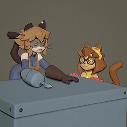 4_fingers :3 anthro apron armor armwear awkward_smile bangs bent_over black_nose blind blue_clothing bodysuit boots breasts brown_apron brown_body brown_clothing brown_ears brown_eyebrows brown_gloves brown_hair brown_handwear brown_tail butt character_miniature cleavage clothed clothing crooked_tail crooked_whiskers cybernetic_arm cybernetic_limb cybernetics dark_clothing dark_ears dark_gloves dark_handwear dark_tail detached_sleeves disability ducking duo ear_piercing eyebrows eyewear eyewear_on_head fade_to_white female fingers footwear form_fitting furniture glasses gloves goggles goggles_on_head greaves grey_background grey_boots grey_clothing grey_footwear hair half-closed_eyes handwear hiding holding_eyewear holding_object leaning leaning_forward leather leather_clothing leather_gloves leather_handwear leg_armor light_body light_hair light_skin looking_for_glasses machine mechanic medium_breasts messy_hair metal_table miniature_model music narrowed_eyes notched_ear one_fang open_mouth open_smile piercing playful prank raised_tail robot_arm rotating screwdriver screwdriver_arm shoes short_hair side_bangs side_boob simple_background skinsuit sleeveless_clothing smile solo_focus spinning spiral_glasses standing table tail tan_body tight_clothing tinted_glasses tool_arm tools topwear triangle_mouth triangle_nose visually_impaired whiskers wide_hips wire workbench yellow_clothing yellow_topwear yuan_li gameoverse glitch_productions kit_bodega scratch_(gameoverse) cyborg domestic_cat felid feline felis mammal 1:1 2026 3d_(artwork) 3d_animation animated background_music digital_media_(artwork) full-length_portrait multiple_scenes portrait shaded short_playtime sound three-quarter_portrait video