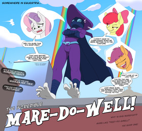 ambiguous_gender anthro audience barefoot building cape clothing dialogue feet female foot_fetish foot_focus group hair hat headgear headwear humanoid_feet humor mask multicolored_body multicolored_hair outside plantigrade pun purple_clothing rainbow soles speech_bubble superhero teasing teasing_with_feet text toe_wiggle toes trio wearing_mask wordplay nudeknightart friendship_is_magic hasbro my_little_pony apple_bloom_(mlp) scootaloo_(mlp) sweetie_belle_(mlp) humanoid english_text hi_res