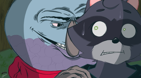 anthro behind_another candy dessert duo food gumball_(candy) gumball_machine male male/male panicking scared haru_raccoon cartoon_network meatcanyon_(copyright) regular_show benson_dunwoody haru_(haru_raccoon) humanoid mammal procyonid raccoon hi_res