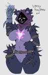 anthro arm_tuft armor belt big_breasts breasts chest_markings clothing eye_scar eyes_closed facial_scar featureless_breasts female front_view fur gauntlets genitals gloves grey_background hand_behind_head handwear markings navel obscured_face purple_body purple_fur purple_hood pussy scar shoulder_tuft simple_background smile solo text thick_thighs tuft wide_hips roccorox epic_games fortnite raven_team_leader bear mammal