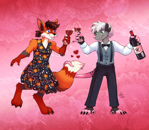 alcohol anthro beverage blue_eyes bow_tie brown_hair clothed clothing collared_shirt container crossdressing cup dress dress_shirt drinking_glass duo fur glass glass_container glass_cup green_eyes grey_body grey_fur hair happy heart_symbol holidays love male male/male orange_body orange_fur paws piercing ponytail red_body red_fur romantic romantic_couple shirt short_ponytail slacks smile sparkles suspenders tail tail_wrapped_around_tail teeth topwear vest white_body white_fur white_hair wine wine_bottle wine_glass the-chu valentine's_day ferox_(feroxdoon) xander_(barleychee) american_opossum canid canine fox mammal marsupial red_fox true_fox virginia_opossum absurd_res hi_res nonbinary_(lore)