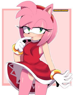 anthro bedroom_eyes blush breasts clothed clothing dress female fur gloves green_eyes hair half-closed_eyes handwear looking_at_viewer narrowed_eyes panties pink_body seductive side_boob simple_background solo standing underwear tenshigarden sega sonic_the_hedgehog_(series) amy_rose eulipotyphlan hedgehog mammal 2025 absurd_res digital_media_(artwork) hi_res