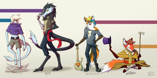 anthro blue_hair boots cane chantres clothed clothing crop_top electric_guitar floating footwear group guitar hair hat headgear headwear male musical_instrument off_shoulder plucked_string_instrument prosthetic robe robot_arm shirt shoes simple_background standing string_instrument tail top_hat topwear raunchyhaunches canid canine fox mammal red_fox sergal true_fox digital_media_(artwork) model_sheet shaded