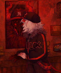 2_horns altered_reflection anthro arm_on_table award black_clothing black_jacket black_topwear bone claws clothing fangs hair hat headgear headwear horn human_to_anthro inside jacket long_tail looking_at_reflection male mid_transformation mirror mirror_reflection neck_tuft photo red_background red_claws red_hair red_tail reflection simple_background skull skull_head solo species_transformation standing tail teeth topwear transformation trophy tuft white_body white_hair white_skin zipper fabledfeathers forsaken_(roblox) roblox guest_666_(forsaken) noob_(forsaken) noob_(roblox) demon human mammal monster hi_res monochrome nonbinary_(lore)