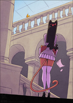 accessory ambiguous_gender anthro bannister bow_ribbon brown_hair clothed clothing dress duo feathered_wings feathers female feral footwear fully_clothed hair hair_accessory hair_bow hair_ribbon high_heels holding_object inside legwear looking_at_another paper perching rear_view ribbons shoes standing stockings wings yellow_body yellow_feathers conditional_dnp jollyjack avian bird domestic_cat felid feline felis mammal