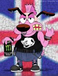 alternative_fashion angry anthro bracelet clothed clothing ear_piercing ear_ring facial_piercing fan_mohawk footwear fur gesture haircut hand_gesture jewelry male mohawk nose_piercing nose_ring piercing pink_body pink_fur punk ring_piercing septum_piercing shoes solo teeth torn_clothing union_jack v_sign yellow_teeth furrylovepup_v2 cartoon_network courage_the_cowardly_dog monster_energy courage_the_cowardly_dog_(character) beagle canid canine canis domestic_dog hunting_dog mammal scent_hound crossover hi_res