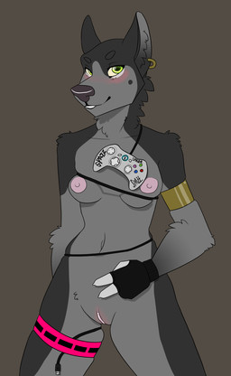 accessory anthro armband blush breasts clothing controller ear_piercing female fur game_controller gaming garter genitals gloves green_eyes grey_body grey_fur handwear looking_at_viewer nipples nude piercing playing_video_game smile solo vulva xbox_controller spazzasaurus microsoft xbox xbox_game_studios spazz canid canine canis domestic_dog german_shepherd herding_dog mammal pastoral_dog 2011 absurd_res hi_res
