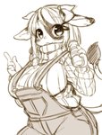 anthro big_breasts black_eyes blush bottle breasts clothing container female female_anthro hair huge_breasts kemono long_hair looking_at_viewer overalls ribbed_clothing ribbed_sweater solo sweater topwear kishibe bovid bovine cattle holstein_friesian_cattle mammal hi_res monochrome