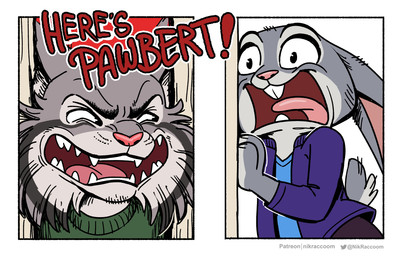 anthro bottomwear buckteeth clothed clothed_anthro clothed_female clothed_male clothing dialogue duo female female_anthro fur grey_body grey_fur humor male male_anthro open_mouth parody screaming simple_background smile sweater tail teeth text tongue topwear nikraccoom disney here's_johnny_(meme) stephen_king_(copyright) the_shining zootopia jack_torrance judy_hopps pawbert_lynxley wendy_torrance canada_lynx european_rabbit felid feline lagomorph leporid lynx mammal oryctolagus rabbit digital_media_(artwork) english_text hi_res meme reaction_image