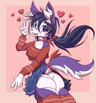 anthro blush breasts butt clothed clothing fangs female floating_hearts fur hair looking_at_viewer miside mita_(miside) simple_background smile solo tail teeth topwear cassfu_(artist) canid canine canis mammal wolf digital_media_(artwork) pixel_(artwork)